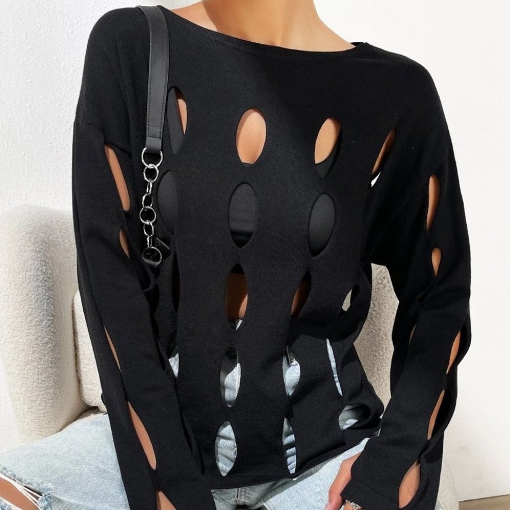 Black Preppy Womens Cut Out Drop Shoulder Sweater - Picture 3 of 5